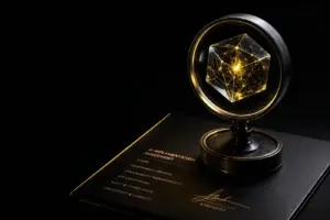 Signed 'AI IMPLEMENTATION AGREEMENT' with 'EXPLAINABILITY REQUIREMENTS' list, magnifying glass, and glowing data polyhedron.