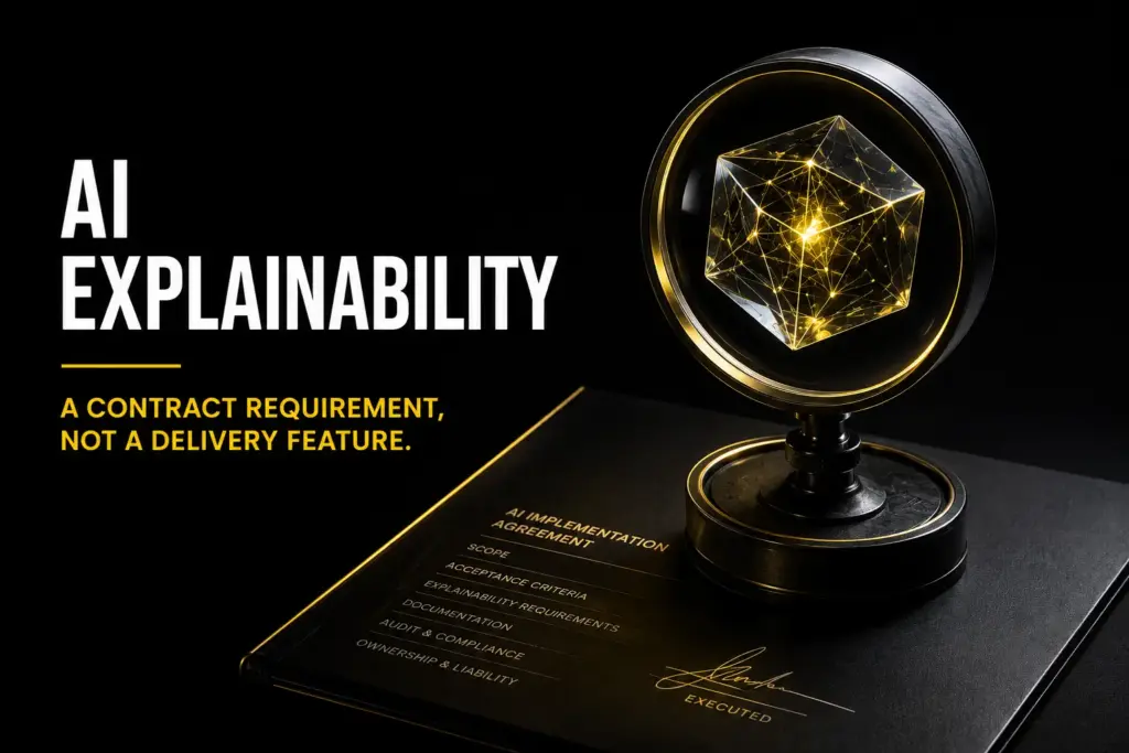 Dark title graphic reading AI Explainability: A Contract Requirement, Not a Delivery Feature, with a magnifying lens over a glowing geometric AI network resting on an executed AI Implementation Agreement that lists explainability requirements, audit, and ownership terms