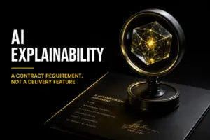 Dark title graphic reading AI Explainability: A Contract Requirement, Not a Delivery Feature, with a magnifying lens over a glowing geometric AI network resting on an executed AI Implementation Agreement that lists explainability requirements, audit, and ownership terms