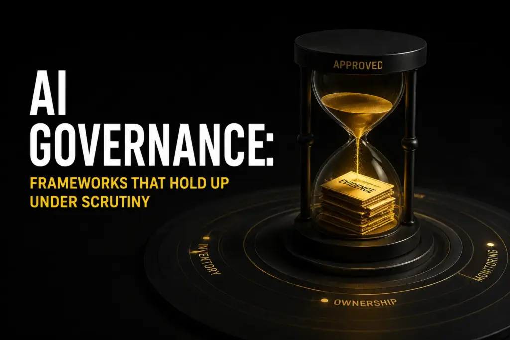 Dark title graphic reading AI Governance: Evidence You Can Pull On Demand, with a black hourglass labeled Approved pouring glowing sand onto Evidence folders, ringed by Inventory, Ownership, and Monitoring
