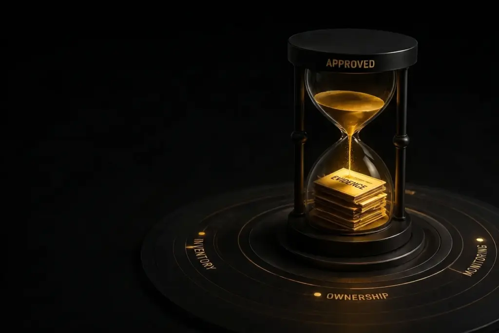 A 3D hourglass where golden sand forms a stack of documents labeled 'EVIDENCE'. The top reads 'APPROVED', and the glowing base features the words 'INVENTORY', 'OWNERSHIP', and 'MONITORING'.