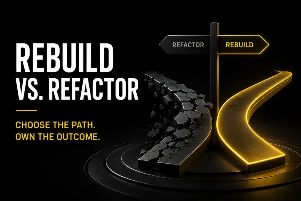 Dark title graphic reading Rebuild vs. Refactor: Choose the Path. Own the Outcome., with a fork where a crumbling Refactor road splits from a smooth glowing Rebuild path