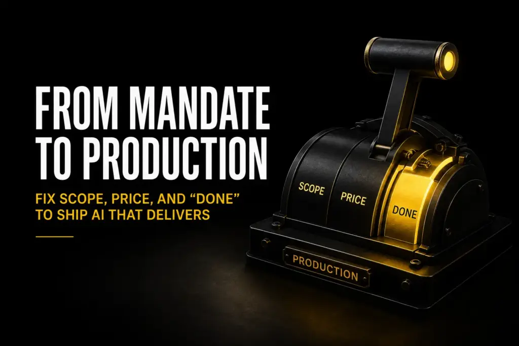 Dark title graphic reading From Mandate to Production: Name Ownership, Roles, and Training Before Go-Live, with an industrial lever bank labeled Rights, Enablement, Handover, and Proof on a Named Roles base, Proof glowing forward