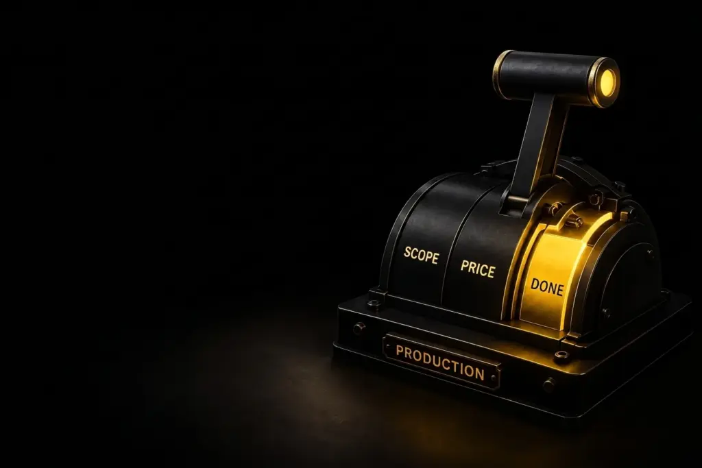 A 3D industrial throttle lever shifted into a glowing gold slot labeled 'DONE', next to slots for 'SCOPE' and 'PRICE'. A plaque on the base reads 'PRODUCTION'.