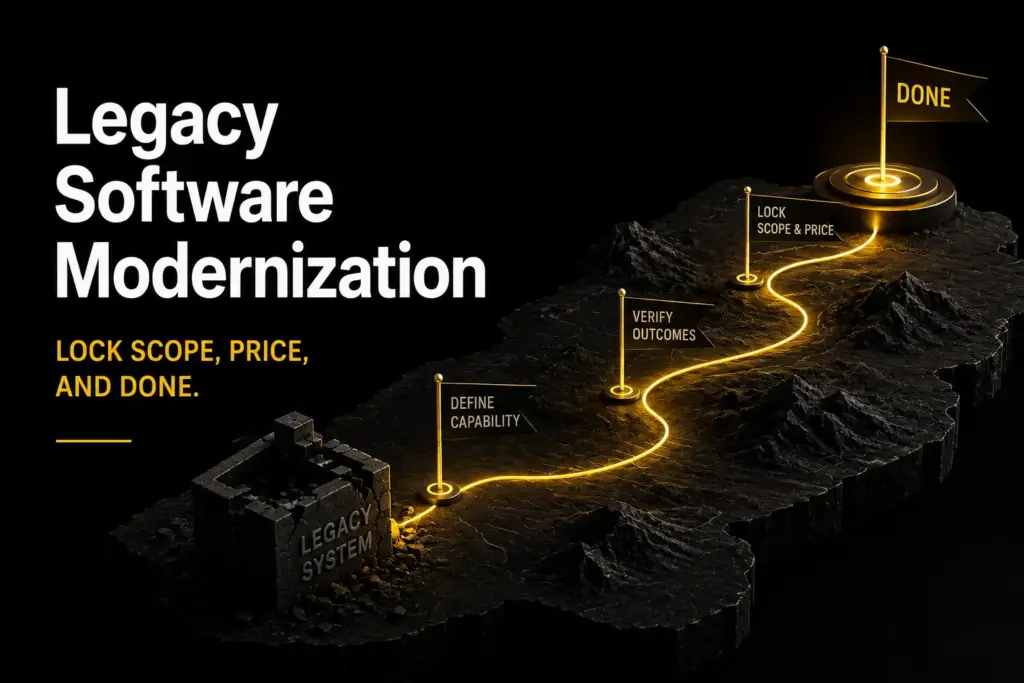 Dark title graphic reading Legacy Software Modernization: Run the Engagement After the Decision Is Made, with a glowing path from an Authorized Decision gateway past BRACE checkpoints (Bound Outcomes, Rate Discipline, Autonomy, Cutover, Evidence) to Operable Capability at handoff