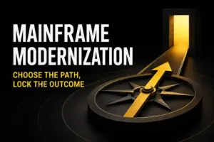 Dark title graphic reading Mainframe Modernization: Choose the Path, Own the Outcome, with a large compass whose golden arrow points down a narrow path toward a glowing rectangular doorway