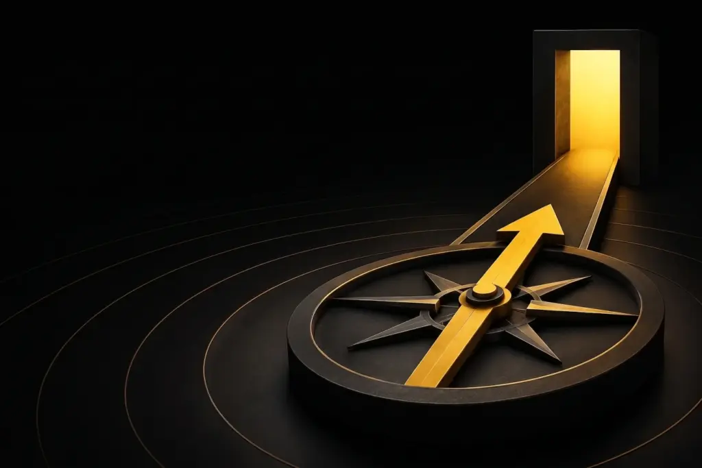 A golden 3D compass pointing towards an illuminated doorway, featuring the text 'MAINFRAME MODERNIZATION: CHOOSE THE PATH, LOCK THE OUTCOME'.