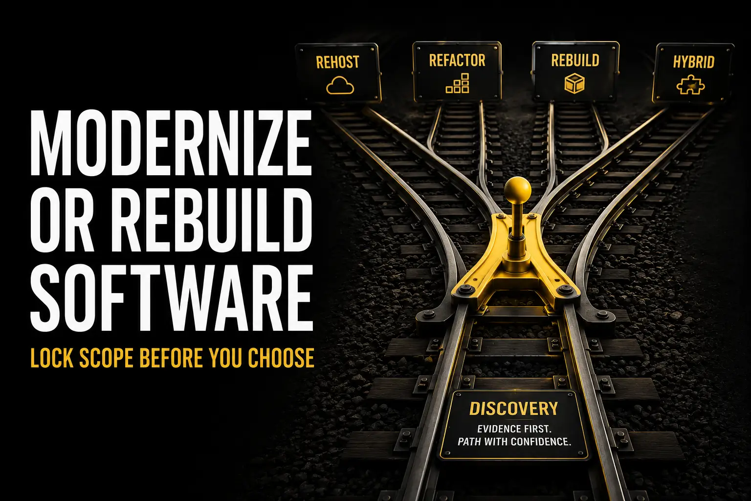 Dark title graphic reading Modernize or Rebuild Software: Choose the Path Before You Buy, with railroad tracks from a Discovery marker through a yellow switch to Rehost, Refactor, Rebuild, and Hybrid destinations