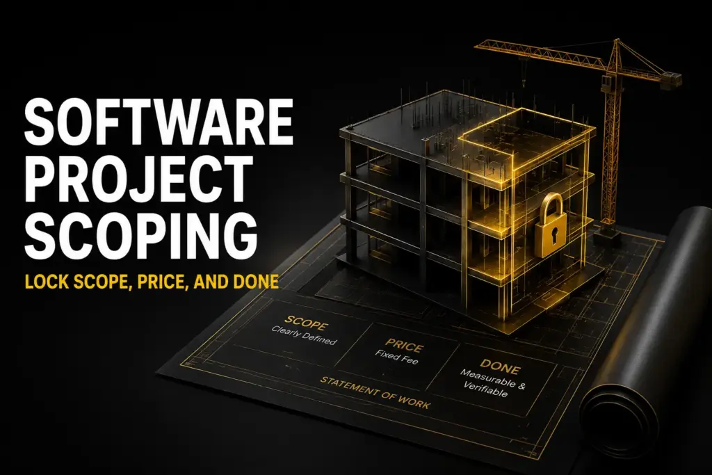 Dark title graphic reading Software Project Scoping: Hold Scope After You Sign, with a wireframe building under construction on a Statement of Work blueprint marking Clearly Defined scope, Fixed Fee price, and Measurable Done, locked with a gold padlock