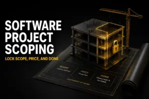Dark title graphic reading Software Project Scoping: Hold Scope After You Sign, with a wireframe building under construction on a Statement of Work blueprint marking Clearly Defined scope, Fixed Fee price, and Measurable Done, locked with a gold padlock