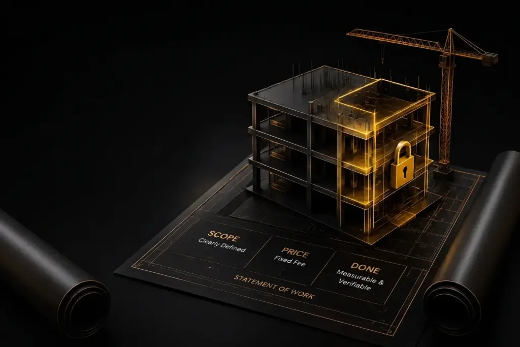 A 3D building under construction with a crane, resting on a blueprint. A glowing golden padlock secures a section of the structure. The blueprint includes the text 'SCOPE Clearly Defined', 'PRICE Fixed Fee', 'DONE Measurable & Verifiable', and 'STATEMENT OF WORK'.