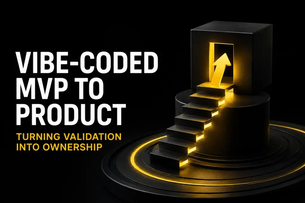 Dark title graphic reading Vibe-Coded MVP to Product: Turning Validation Into Ownership, with stairs on a ringed platform leading through a glowing golden doorway marked by an upward yellow arrow