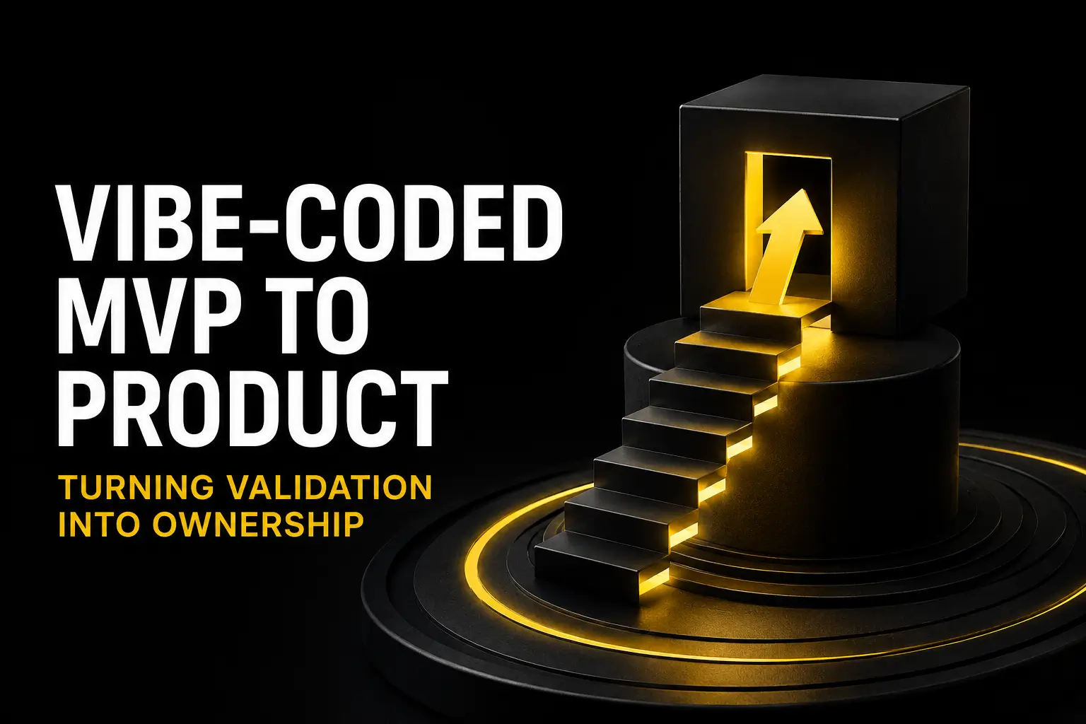 Dark title graphic reading Vibe-Coded MVP to Product: Turning Validation Into Ownership, with stairs on a ringed platform leading through a glowing golden doorway marked by an upward yellow arrow