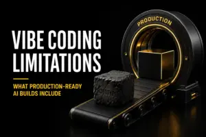 Dark title graphic reading Vibe Coding Limitations: What Production-Ready AI Builds Include, with a conveyor carrying a rough Prototype cube through a glowing Production gate toward a polished finished cube