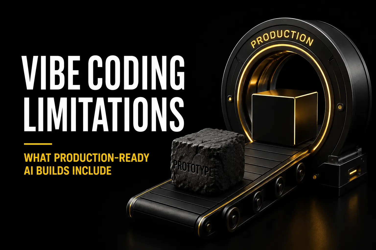 Dark title graphic reading Vibe Coding Limitations: What Production-Ready AI Builds Include, with a conveyor carrying a rough Prototype cube through a glowing Production gate toward a polished finished cube