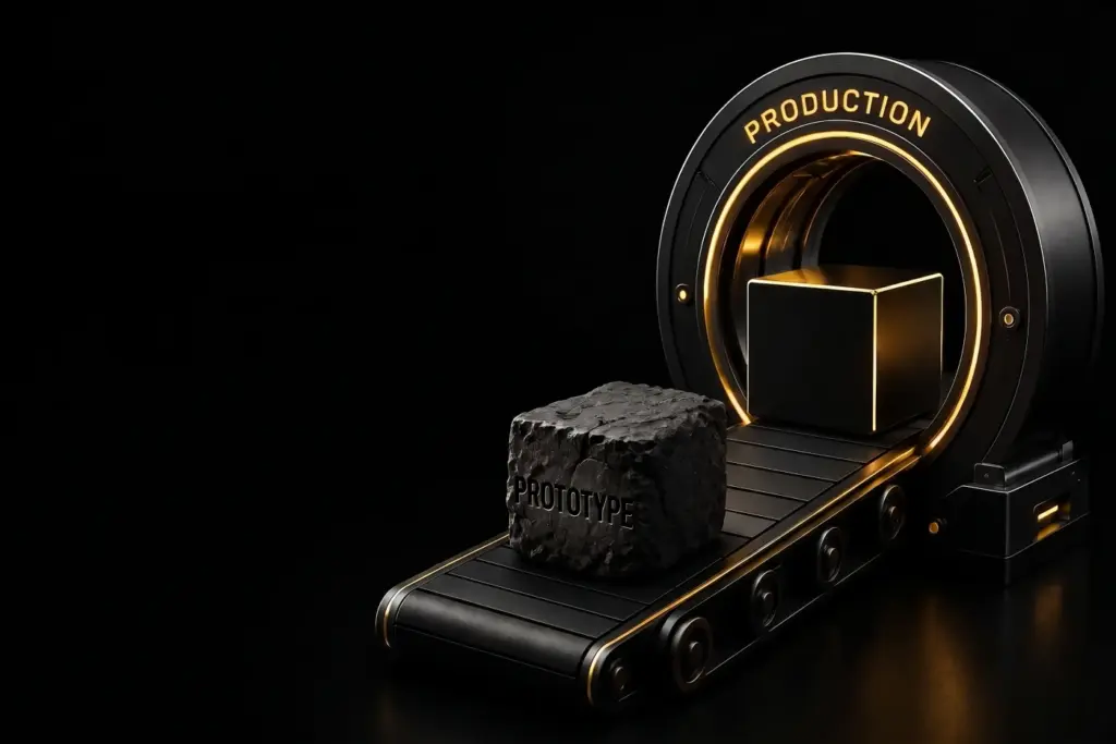 A rough stone block labeled 'PROTOTYPE' moving on a conveyor belt through a glowing ring labeled 'PRODUCTION', transforming into a polished, perfect cube.