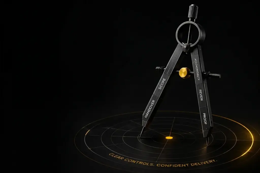 A 3D drafting compass drawing a glowing circular grid, with the words 'SCOPE', 'HANDOVER', 'REVIEW', 'PROOF', and 'ACCOUNTABILITY' engraved on its legs. Glowing text below reads 'CLEAR CONTROLS. CONFIDENT DELIVERY.'