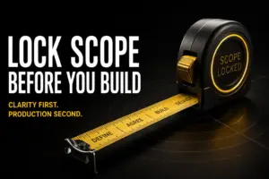 Dark title graphic reading The Scoping Conversation Before Real Users, with a black tape measure marked Scope Locked and a yellow tape listing Define, Agree, Build, and Deliver