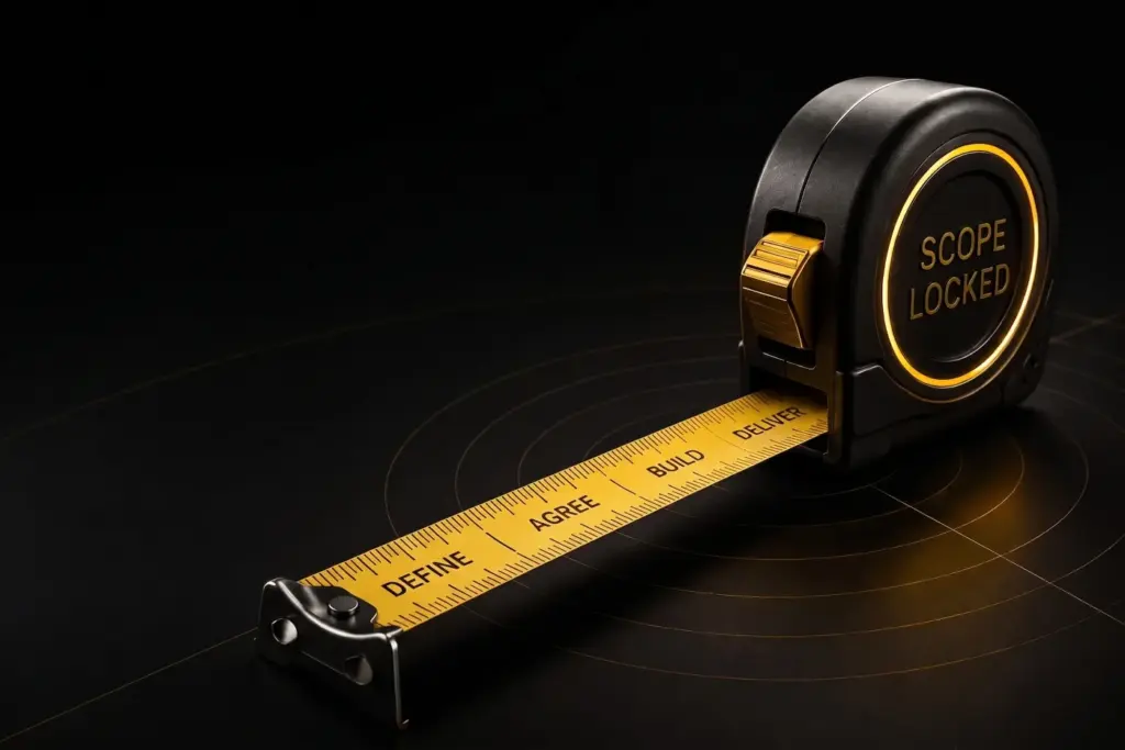 A 3D measuring tape extending with the words 'DEFINE', 'AGREE', 'BUILD', and 'DELIVER', next to bold text stating 'LOCK SCOPE BEFORE YOU BUILD' and 'CLARITY FIRST. PRODUCTION SECOND.'