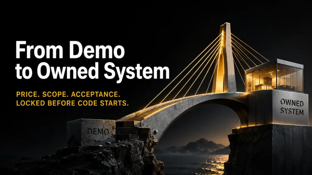 Dark title graphic reading From Demo to Owned System: Price. Scope. Acceptance. Locked Before Code Starts., with a glowing cable-stayed bridge linking a Demo stone block to a lit glass room labeled Owned System