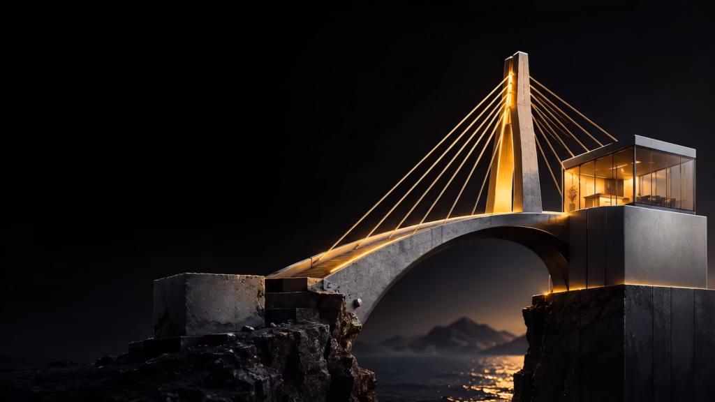 Dark title graphic reading From Demo to Owned System: Price. Scope. Acceptance. Locked Before Code Starts., with a glowing cable-stayed bridge linking a Demo stone block to a lit glass room labeled Owned System